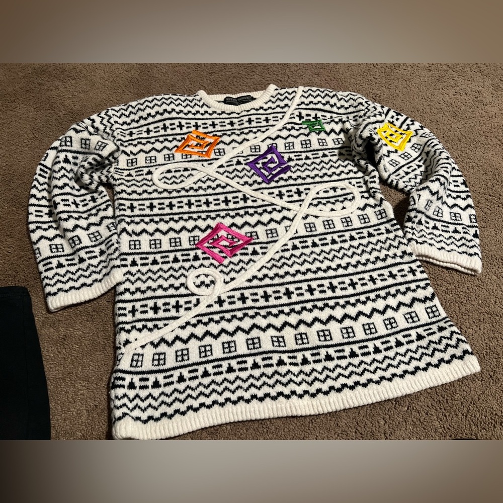 White and Black Patterned vintage Sweater with Colorful Accents